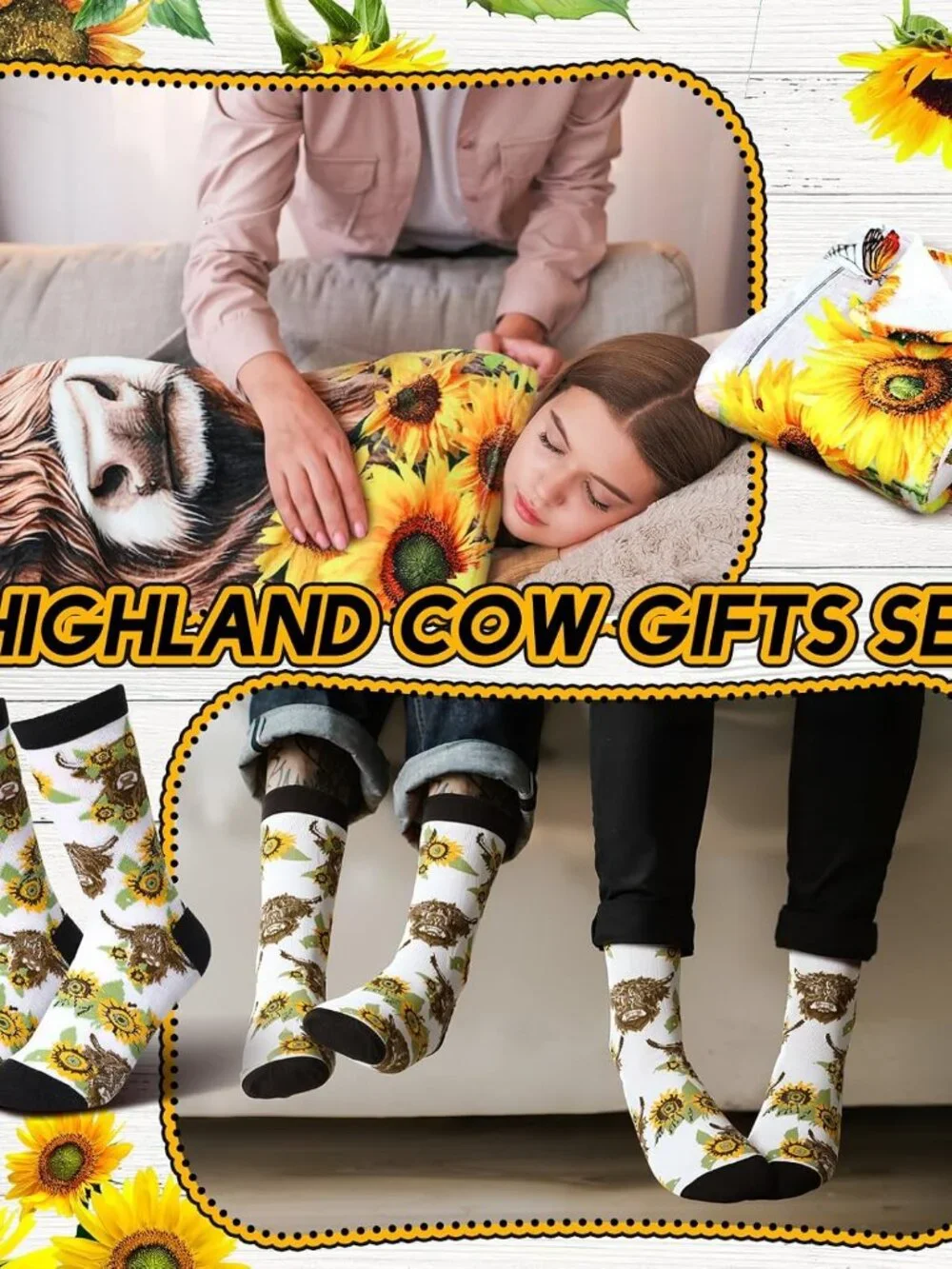 2 Pcs Sunflower Highland Cow Gifts Blanket and Socks Set, 50